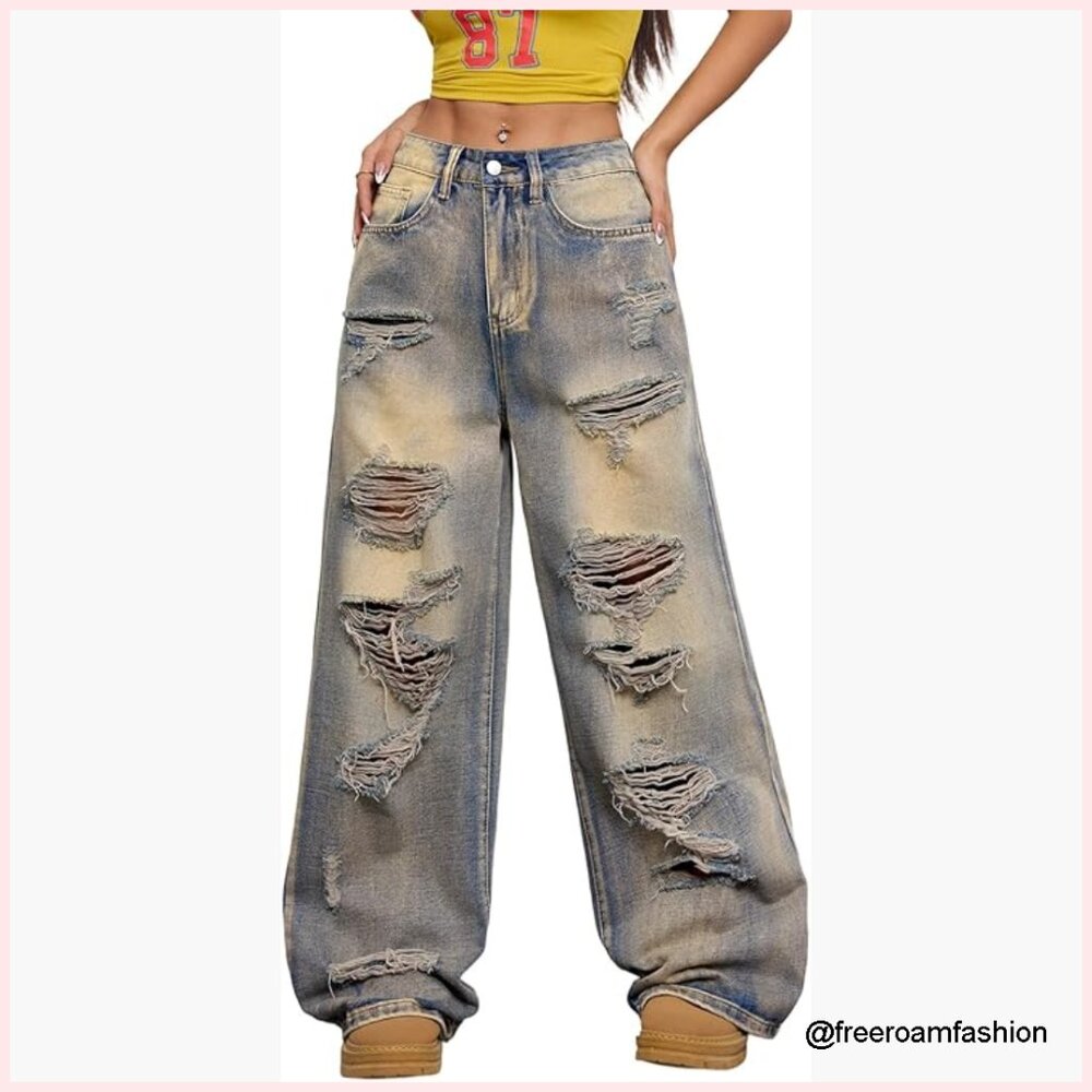 Baggy Wide Leg Jeans High Rise Loose Fit Denim Pants Y2k Streetwear